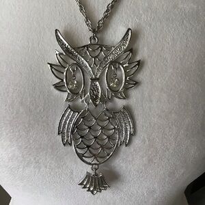 Vintage Owl Pendant Statement Necklace Silver Tone Rhinestone Eyes Articulated